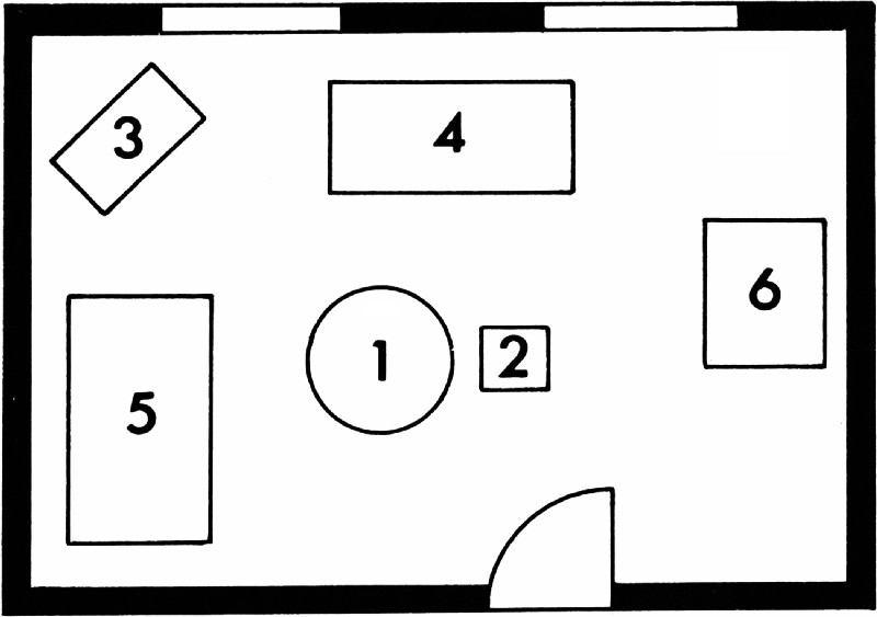 На плане изображены: 1 — стол; 2 — стульчик; 3 — кресло; 4 — диван; 5 — кровать; 6 — шкаф