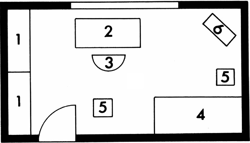 На плане изображены: 1 — двухсекционная стенка; 2 — письменный стол; 3 — кресло; 4 — кушетка; 5 — стулья; 6 — телевизор